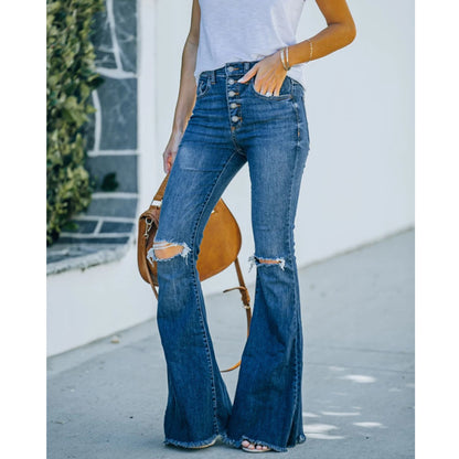 Dark Color Mid-Waist Skinny Wide Leg Denim Jeans