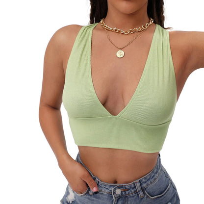 Slim-Fitting Solid Color V-Neck Top Sling Backless Vest Crop-Top