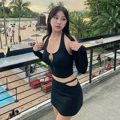 Solid Color Halter Hooks Long Sleeves Low Waist Hollow-Out Cut-Out Skirt