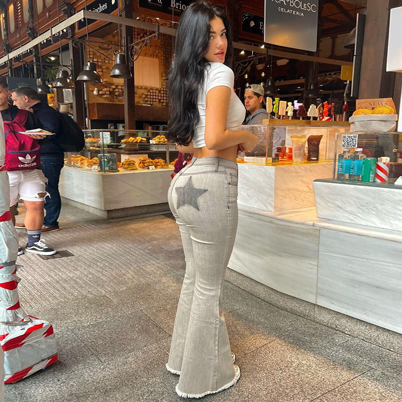 Contrast Color Washed High Elastic High-Waist Hip Lifting Bell Bottom Skinny Frayed Hem Denim Jeans (7524740956248)
