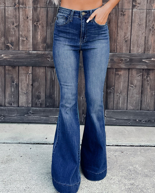 Street-Washed High-Waist Dark Flared Denim Jeans