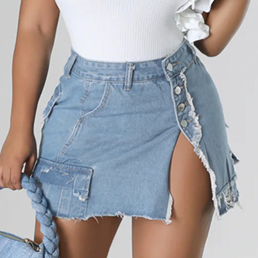 Short-Short Skirt - Pocket Side Slit Denim Skirt (7519213191256)