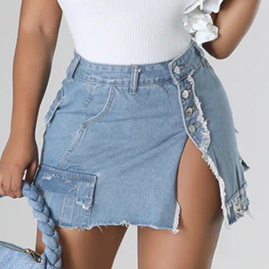 Short-Short Skirt - Pocket Side Slit Denim Skirt (7519213191256)