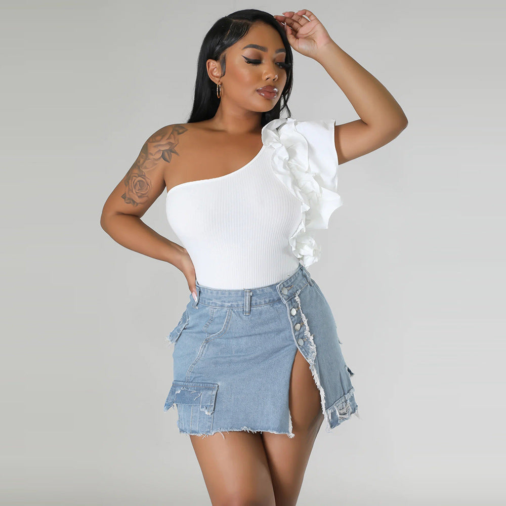Short-Short Skirt - Pocket Side Slit Denim Skirt (7519213191256)