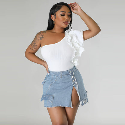 Short-Short Skirt - Pocket Side Slit Denim Skirt (7519213191256)