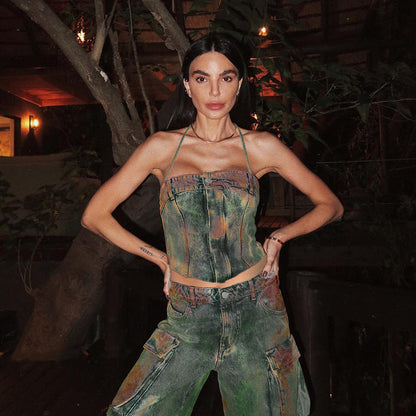 Gradient/Radiant - Gradient Color Halter Lace-Up Vest Zipper Off Neck Bandeau Sling Pants Set (7516487811160)