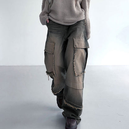 Distressed Frayed-Stitching Mid-Waist Beggar Pockets-Split Denim Jeans