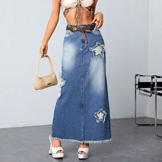 Frayed - High-Waist Slit Jeans No Belt Stars Denim Skirt (7522338209880)