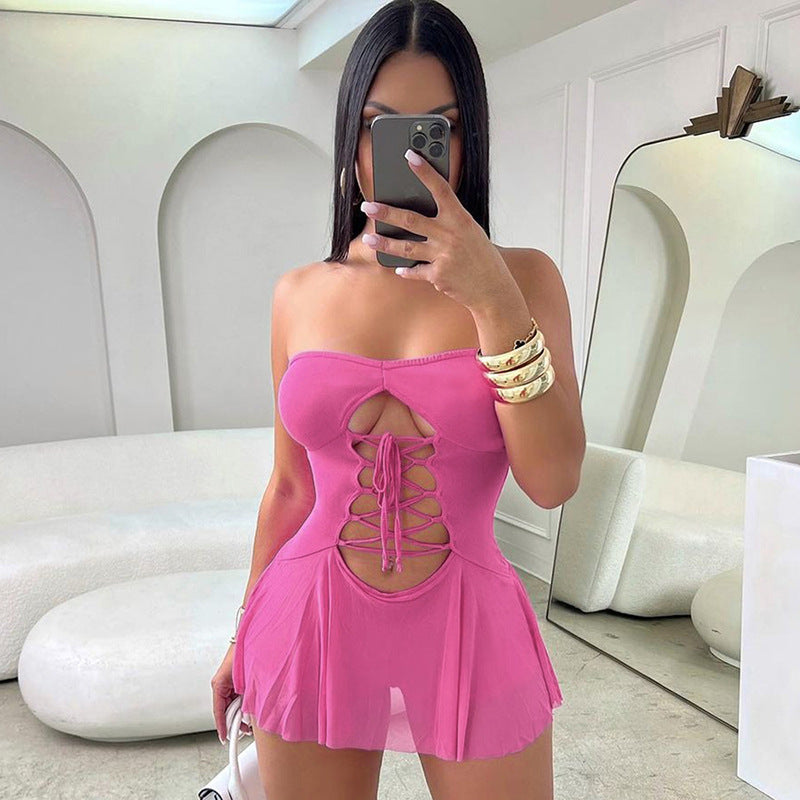 Cute Dress Award - Hollow-Out Cut-Out Tied Tube Top Mini Dress (7517922033752)