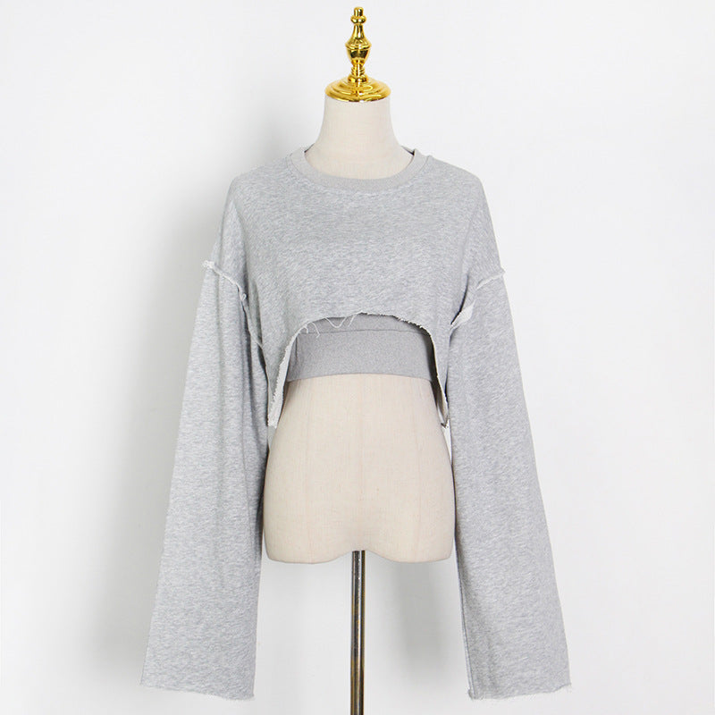 Pullover Long Sleeves Cropped Sweatshirt Sling Wide Leg Pants Three-Piece Set (7517823500376)