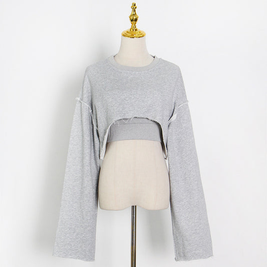 Pullover Long Sleeves Cropped Sweatshirt Sling Wide Leg Pants Three-Piece Set (7517823500376)