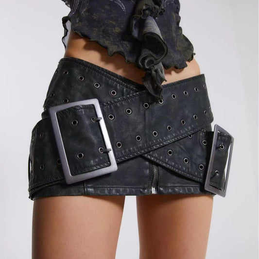 Faux Leather Belt Pairs Low-Waist Skirt
