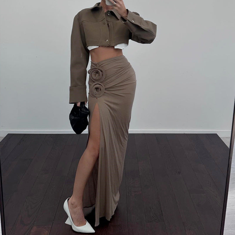 French Floral Pleated Side Slit High-Waist Skirt (7524821041240)