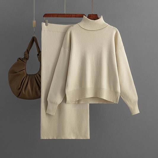 Solid Color Turtleneck Sweater & Sheath Skirt Two-Piece Set (7524297539672)