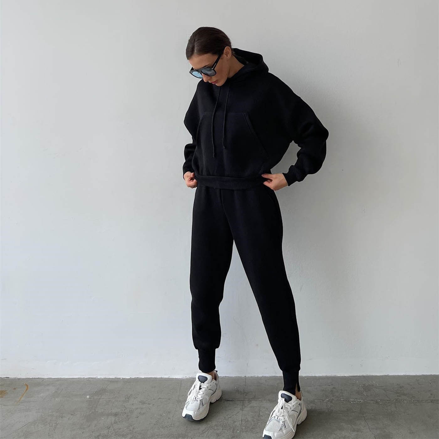 Hooded Sweatshirt & Sweatpants Two-Piece Set - Solid Color (7517801676888)