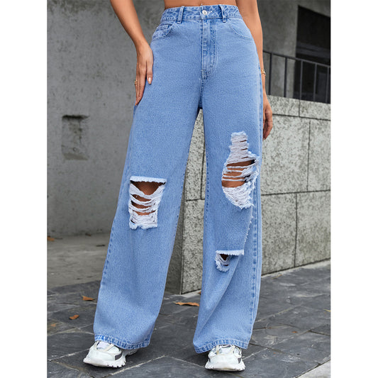 Distressed High-Waist Wide Leg Straight Leg Denim Jeans
