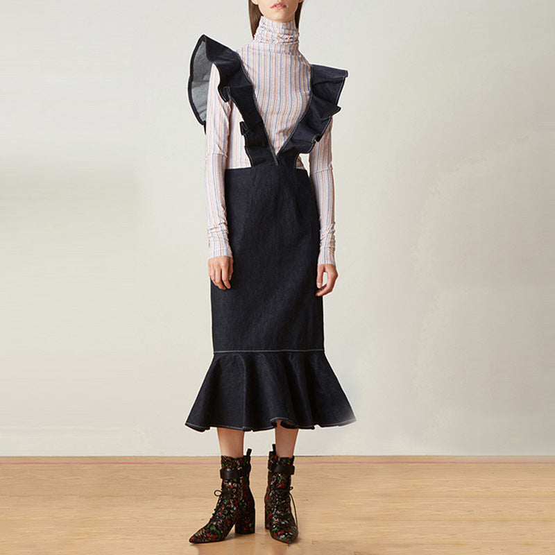 Denim Suspenders! - Fishtail Skirt Ruffles Suspender Back Denim Skirt (7522338537560)