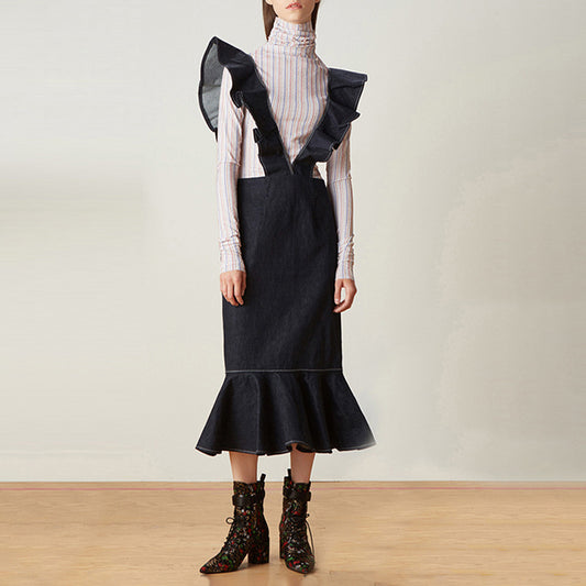 Denim Suspenders! - Fishtail Skirt Ruffles Suspender Back Denim Skirt (7522338537560)