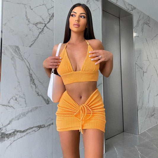 Hollow-Out Cut-Out Cropped Lace-Up Halter Neck & Skirt - Two-Piece Set (7524289937496)