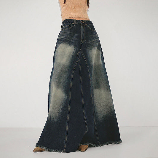 Retro High-Waist Vertical Stripe Distressed & Frayed Fishtail Denim Skirt (7522342076504)