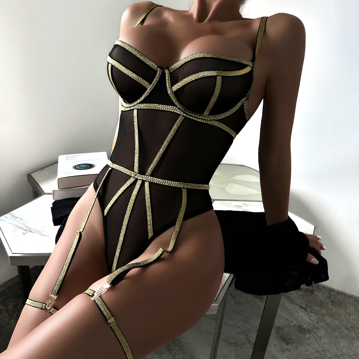 Gold Silk Lines - Mesh Stitching Camisole Bodysuit (7517838770264)