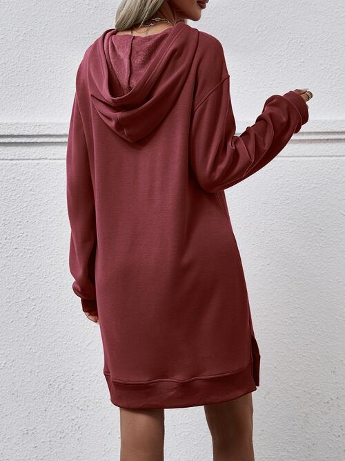 Long Long Sleeves - Slit Hooded Dress With Pocket (7505547559000)