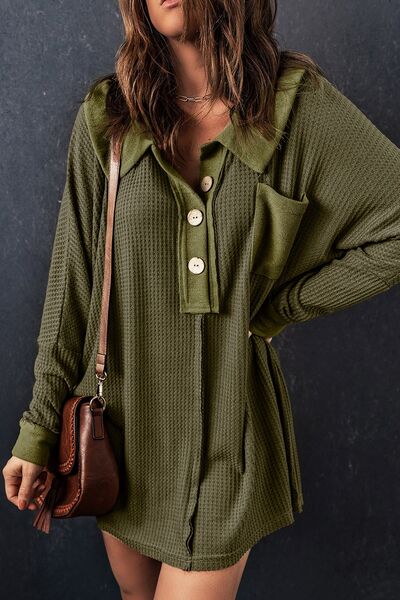 With Pocket - Waffle Knit Buttoned Long Sleeves Top (7501322911832)