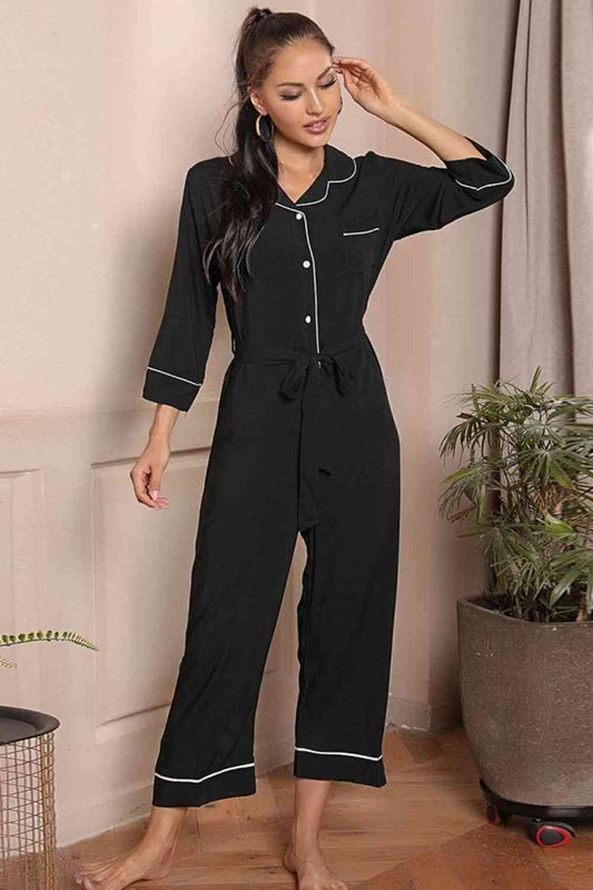 Pajama Time - Contrast Belted Lapel Collar Jumpsuit (7484716548184)