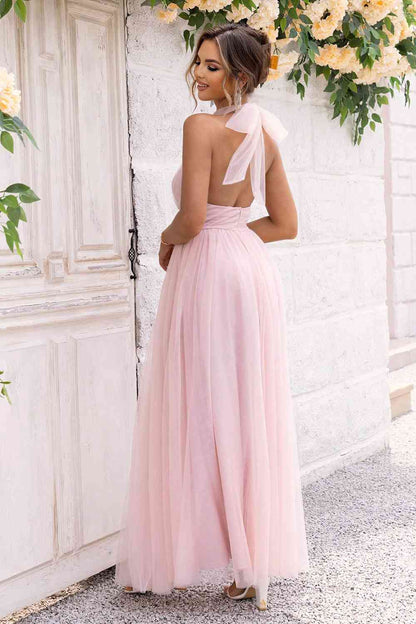 Bow-Knot - Halter Neck Backless Mesh Dress (7515494875224)