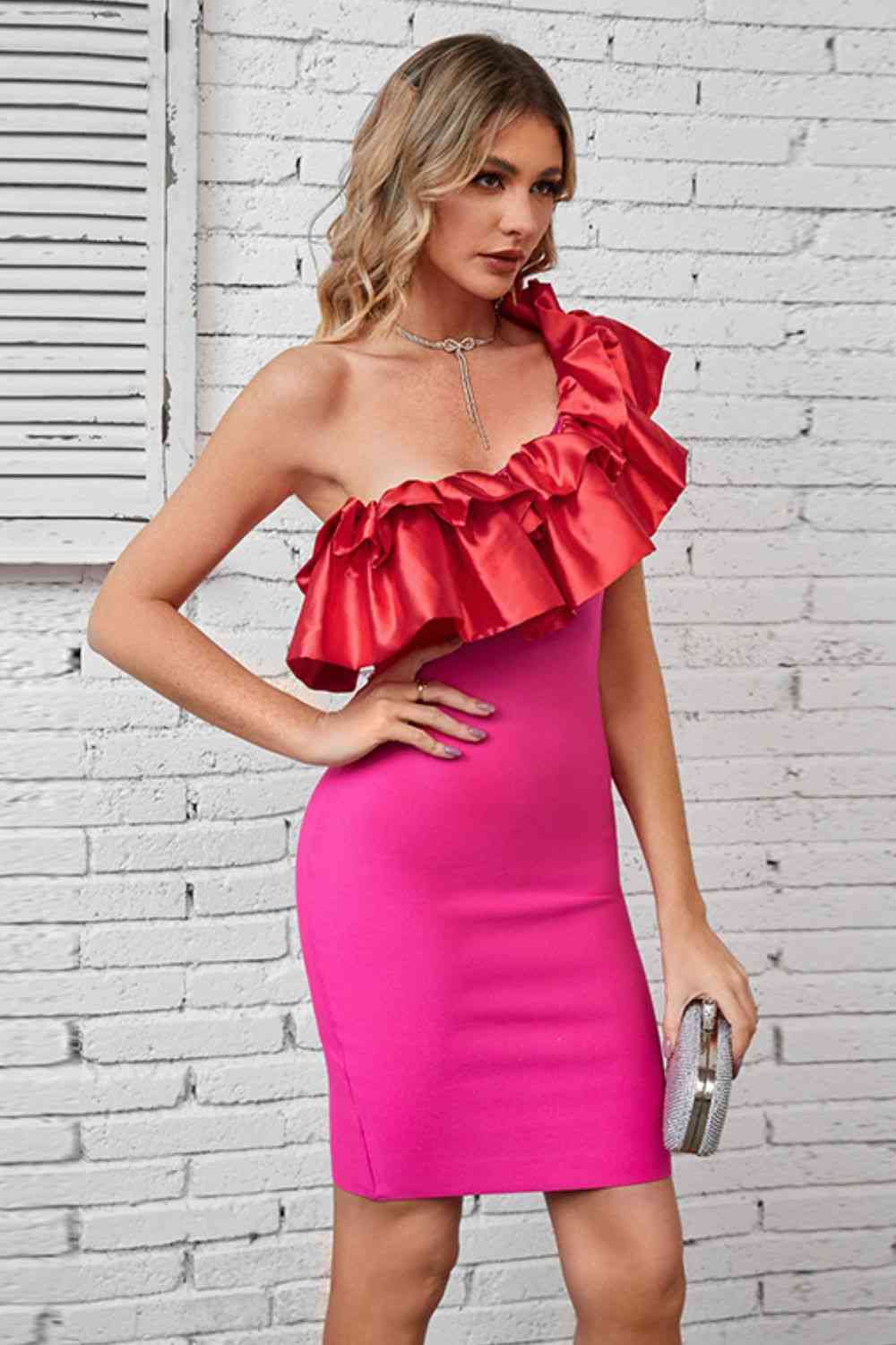 One-Shoulder Bodycon Ruffles Dress (7516369158232)