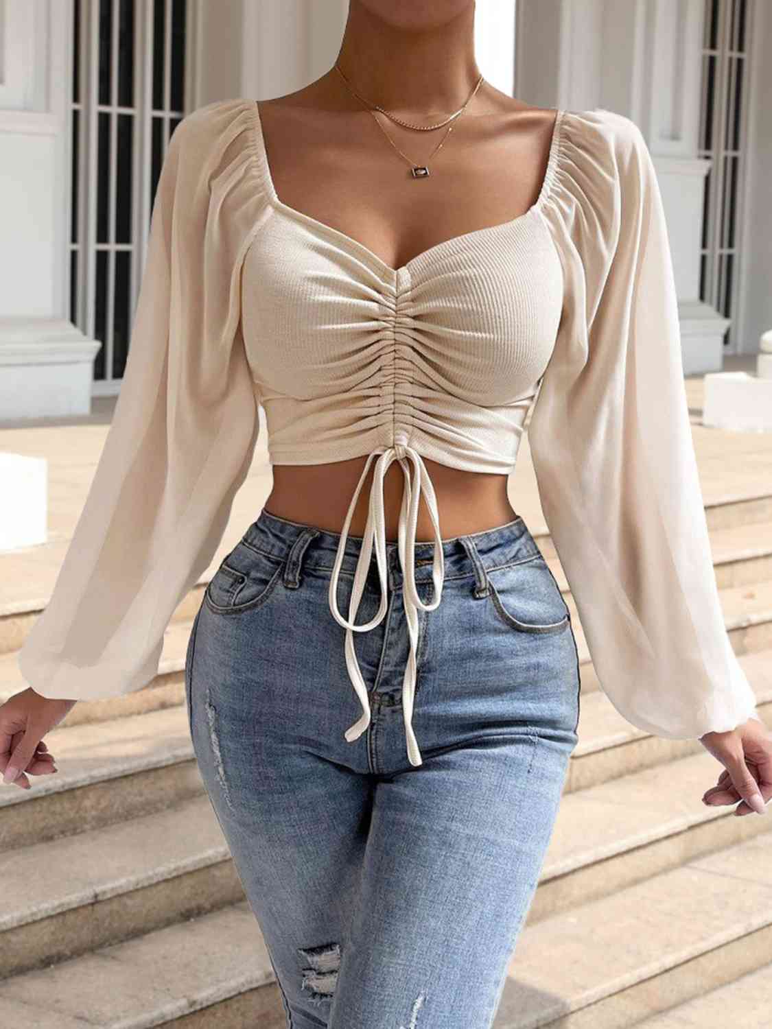 Ruched Blouse - Drawstring Sweetheart Neck Cropped Top (7501318914136)