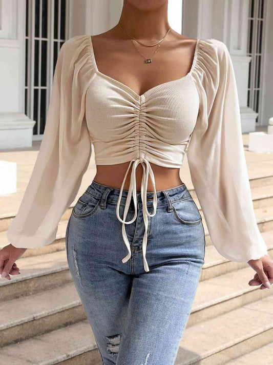 Ruched Blouse - Drawstring Sweetheart Neck Cropped Top (7501318914136)