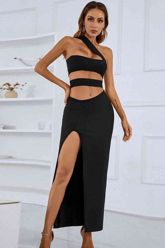 One-Shoulder Cut-Out Front Split Maxi Dress (7515566506072)