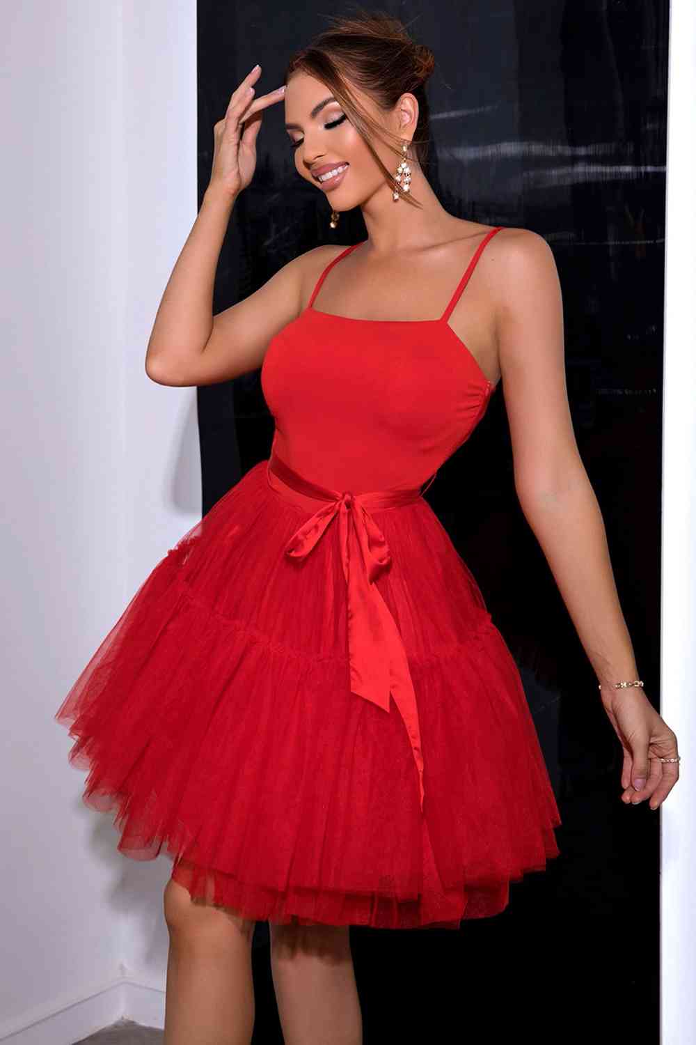 Spaghetti Strap Tied - Mesh Dress (7516366241880)