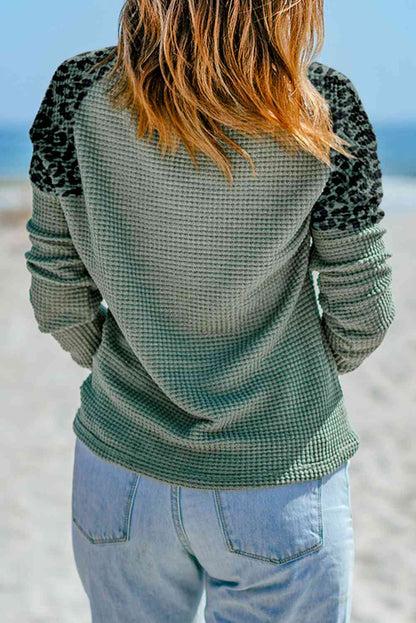 Leopard Waffle-Knit - Notched Neck Top (7501314981976)