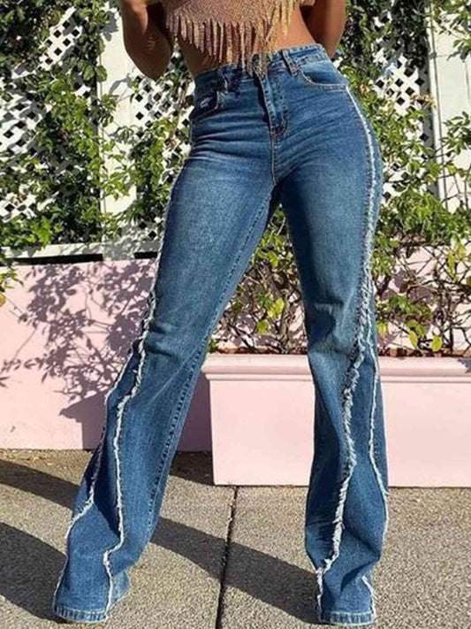 Patchwork Stitching High-Waist Denim Jeans (7496928788568)