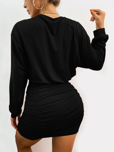 Ruched Long Sleeves Mini-Wrap Dress (7515480621144)