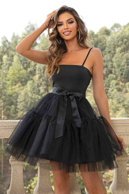 Spaghetti Strap Tied - Mesh Dress (7516366241880)