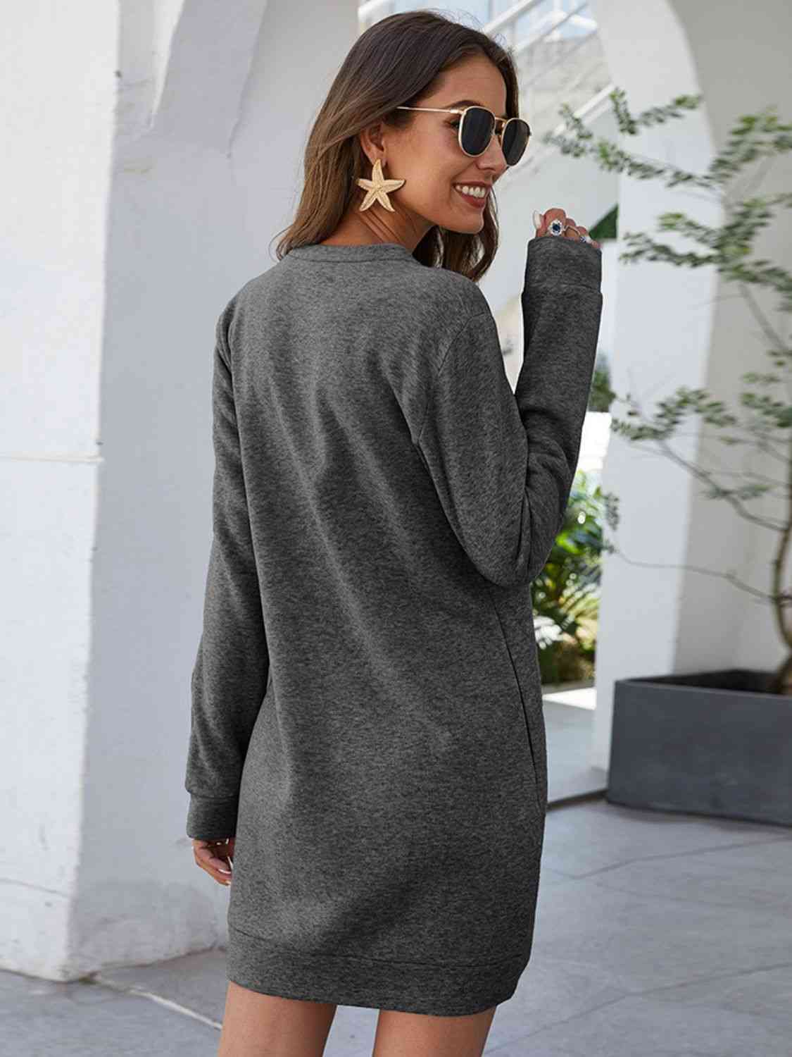 Round Neck Long Sleeves Mini Dress With Pockets (7505548410968)