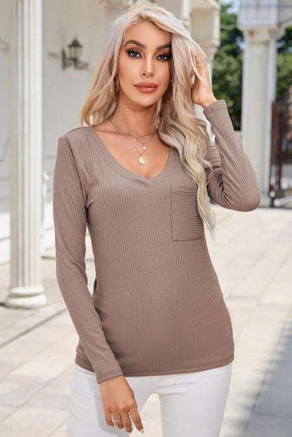 Ribbed Long Sleeves Blouse With Pocket (7501315866712)