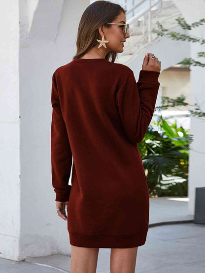 Round Neck Long Sleeves Mini Dress With Pockets (7505548410968)