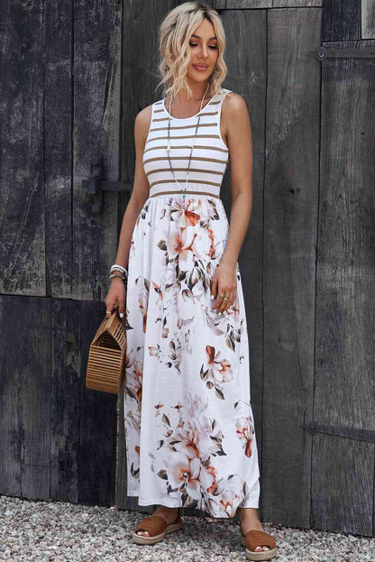 Striped Floral Round Neck -  Sleeveless Maxi Dress (7515559198808)