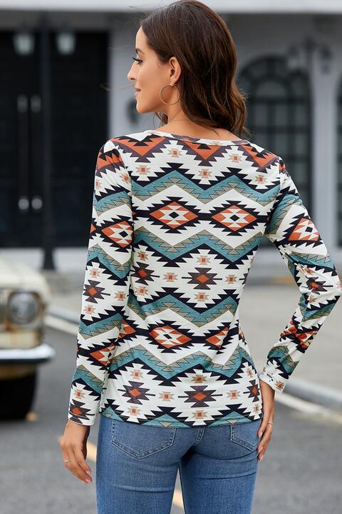 Printed Notched Neck Long Sleeves Top (7501316948056)