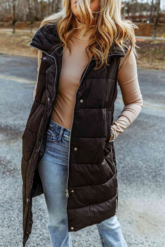 Longline Hooded Sleeveless Puffer Vest (7484291383384)
