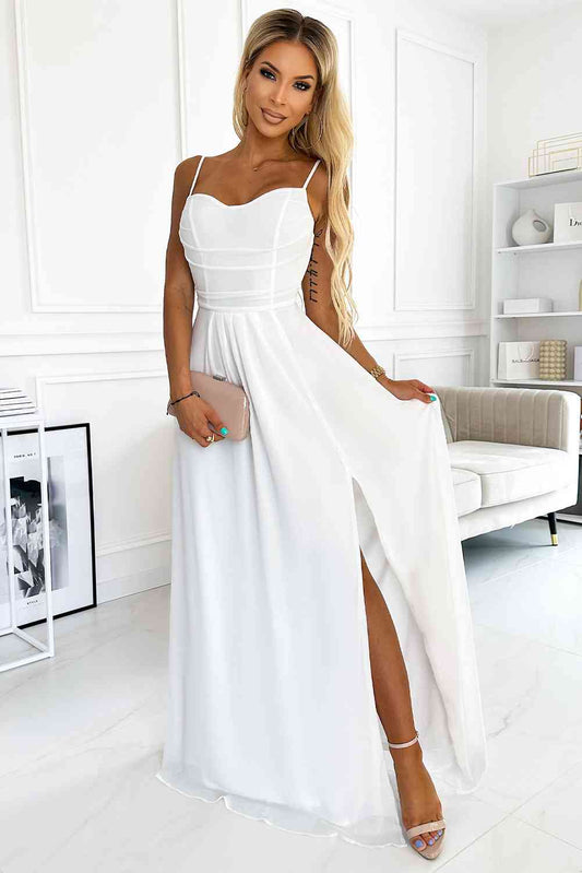 White Dresses - Spaghetti Strap Sweetheart Neck Split Dress (7515491631192)