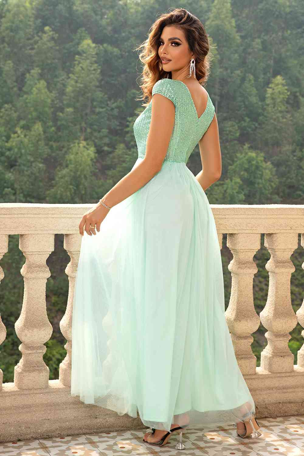 Sequin V-Neck Mesh Maxi Dress (7515520761944)