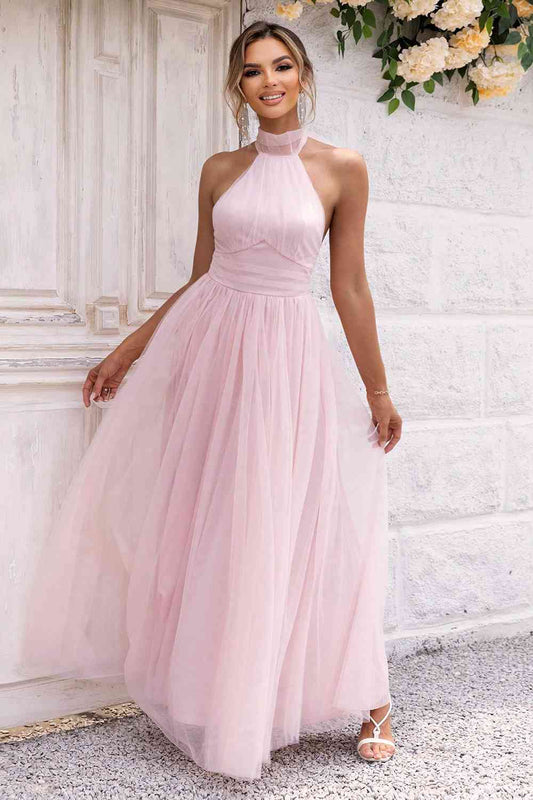 Bow-Knot - Halter Neck Backless Mesh Dress (7515494875224)