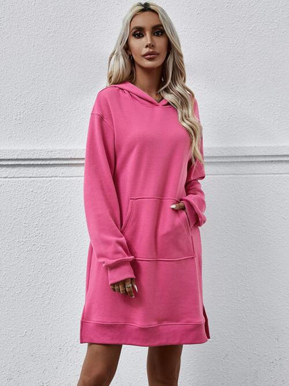 Long Long Sleeves - Slit Hooded Dress With Pocket (7505547559000)