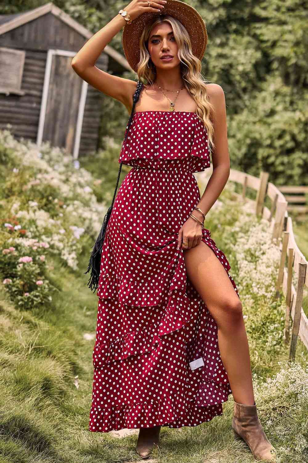 Polka Dot Strapless Slit Ruffled Maxi Dress (7515558805592)