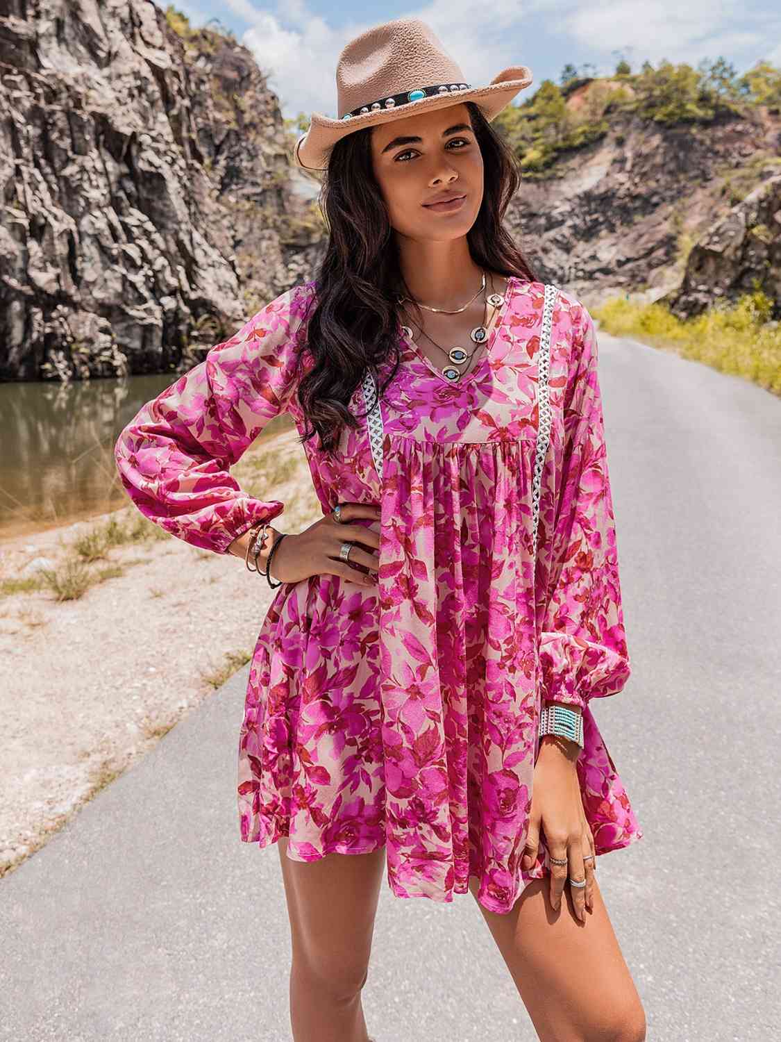 Leaves - Long Sleeves Mini Dress (7505548345432)